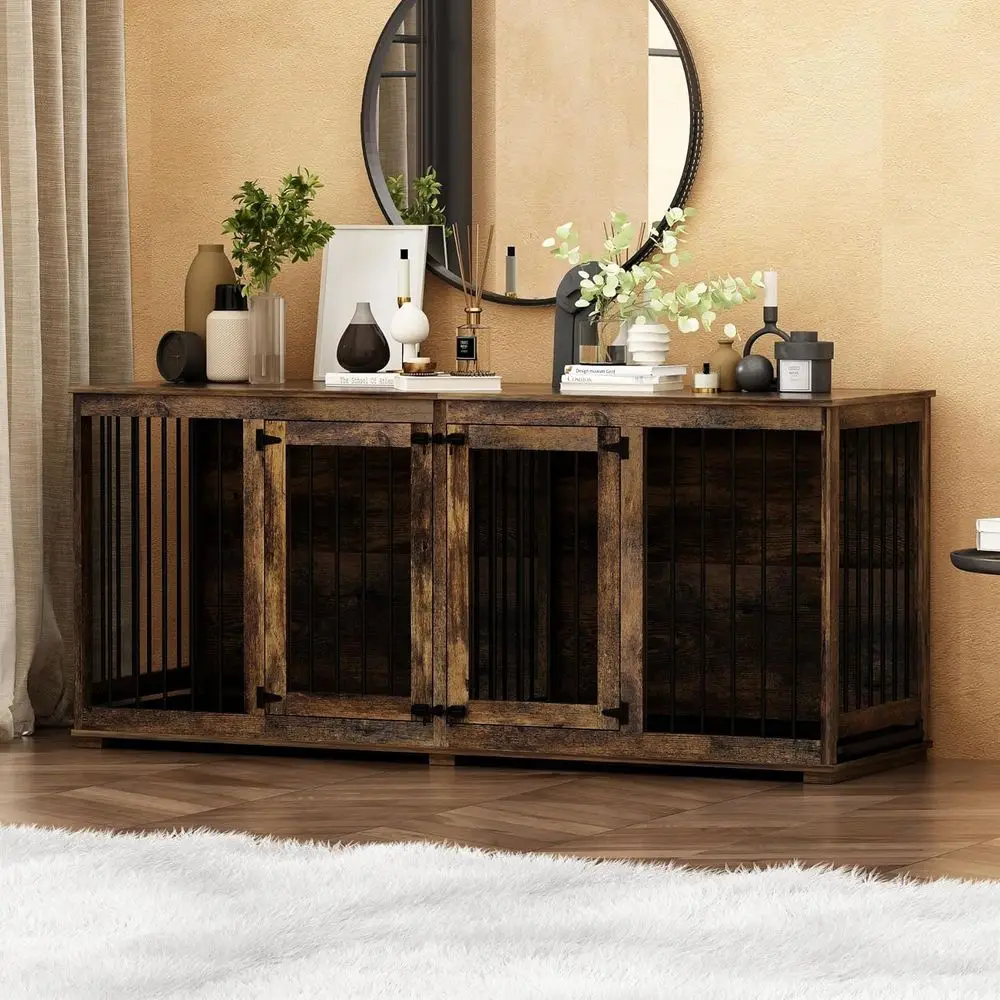 

Double-Room Wooden Dog Crate for Large or Medium Breeds, 70 with Removable Divider and Two Trays, Brown