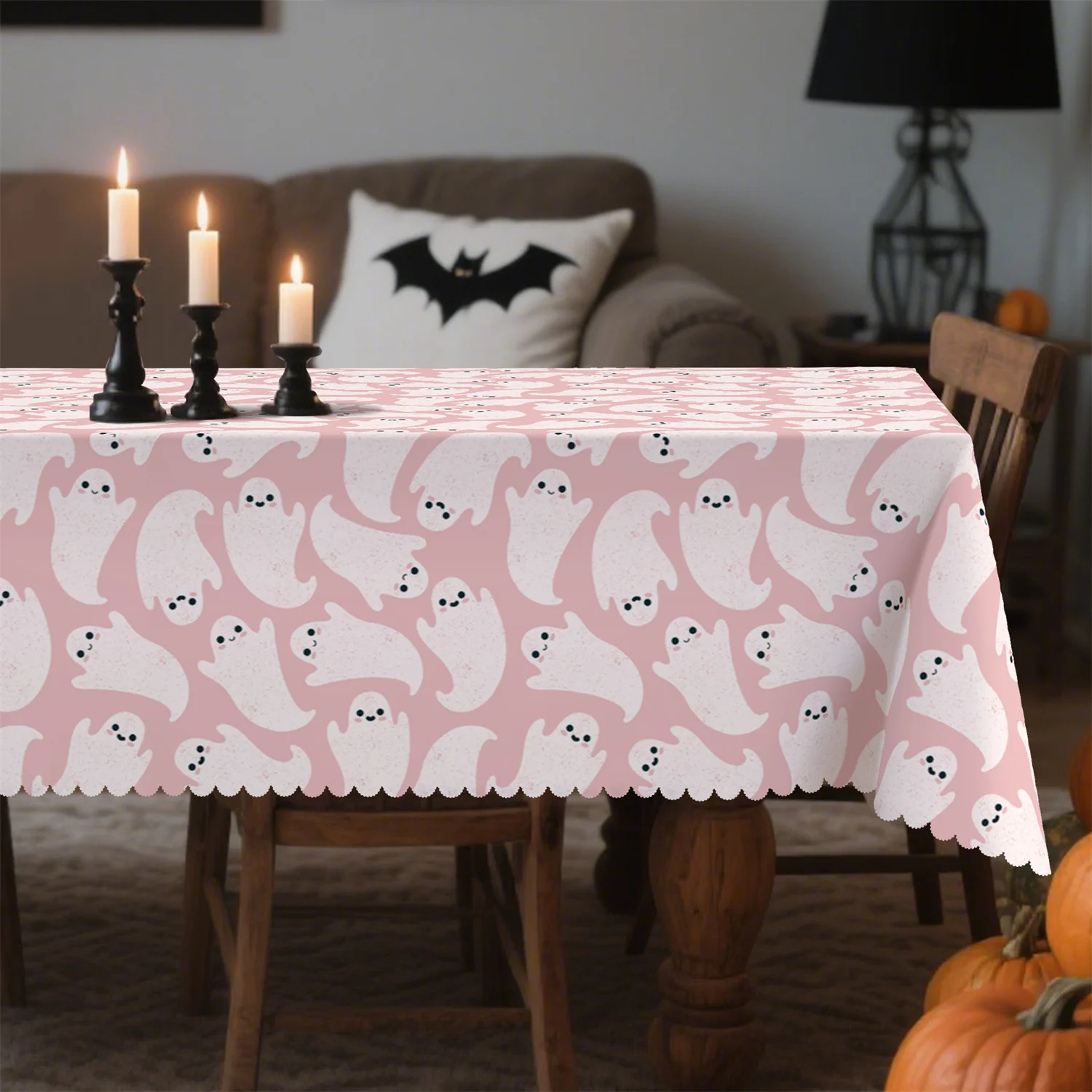 White cute ghost with pink background Halloween tablecloth, 1 pack, suitable for kitchen tablezyc