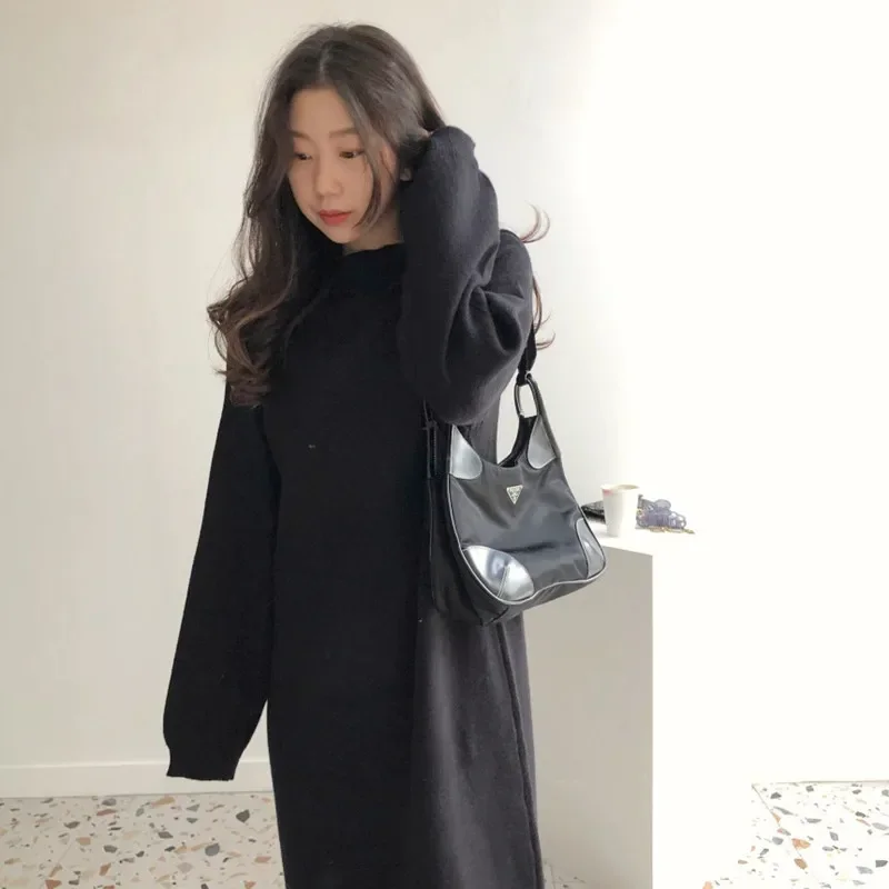 Women Fall Winter O Neck Lazy Style Knit Dress Black Red Oversize Fashion Mid-length Loose Casual Bottoming Warm Sweater Dress