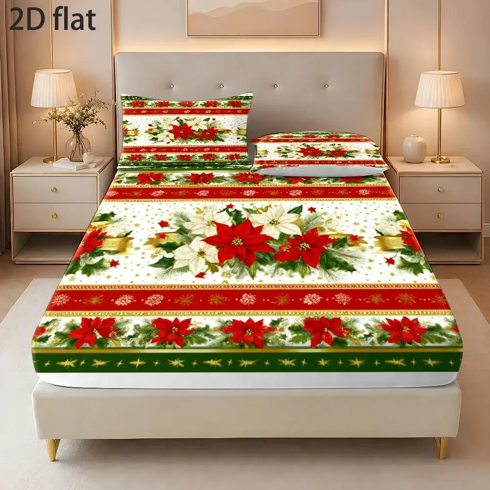 Christmas Red and Green Color Scheme, Vintage Oil Painting Style 2D Three-Piece Bedding Set (Includes 1 Fitted Sheet + 2 Pillowcases) Mattress Protector Fitted Sheet-Style Elastic Protector Christmas Holiday Decoration Santa Claus Various Sizes Breathable Protector Plus Pillowcase