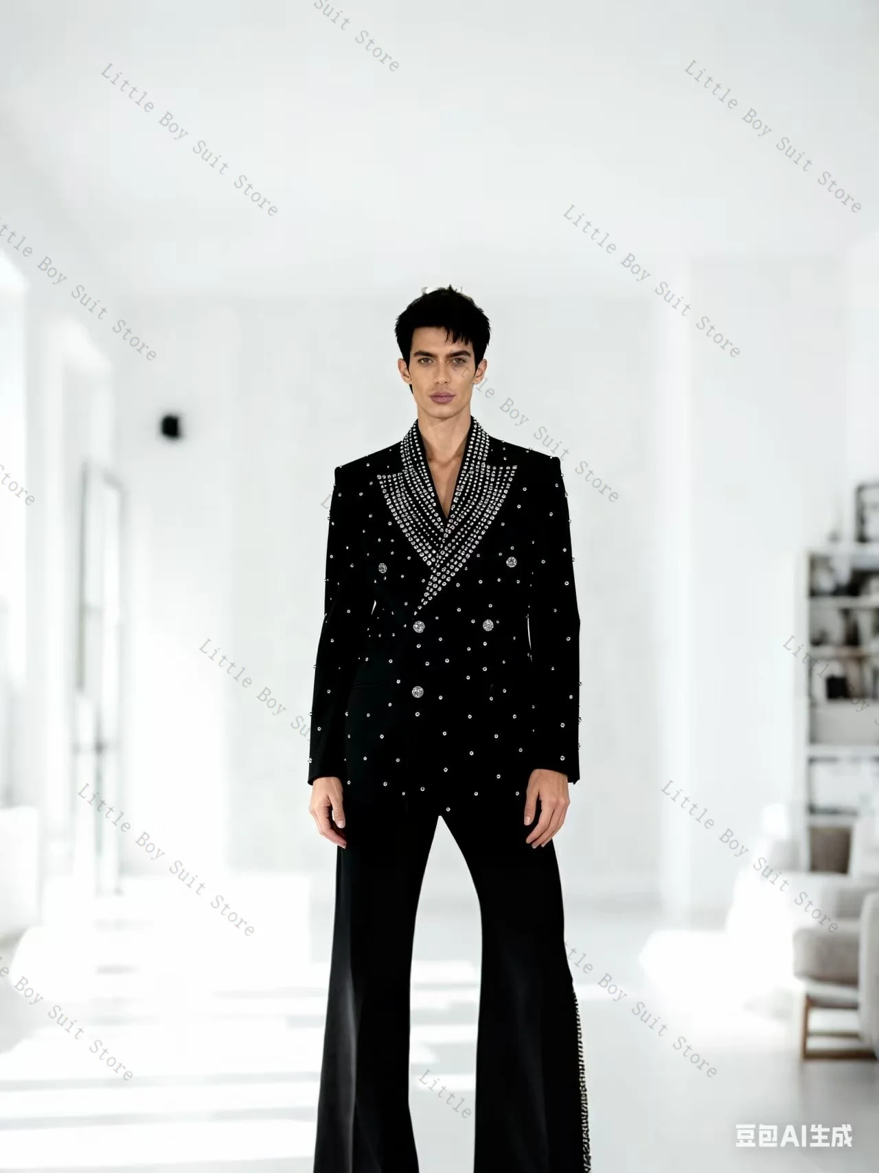 

Crystals Shiny Men Suit Set 2 Piece Wedding Tuxedo Jacket Blazer Pant Black Cotton Formal Office Business Party Coat Customized