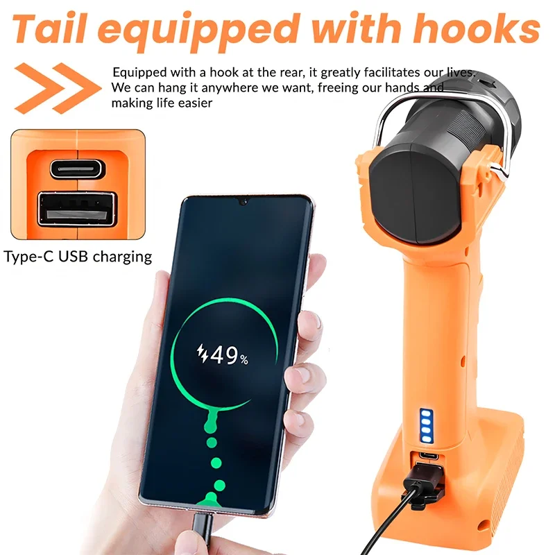 ไฟทำงาน 9LED 4000mAh ชาร์จผ่าน USB Type-C พร้อมตะขอ หมุนได้ 90 องศา ° ไฟฉายฉุกเฉินแบบมือถือสำหรับซ่อมรถยนต์พร้อมฐานแม่เหล็ก