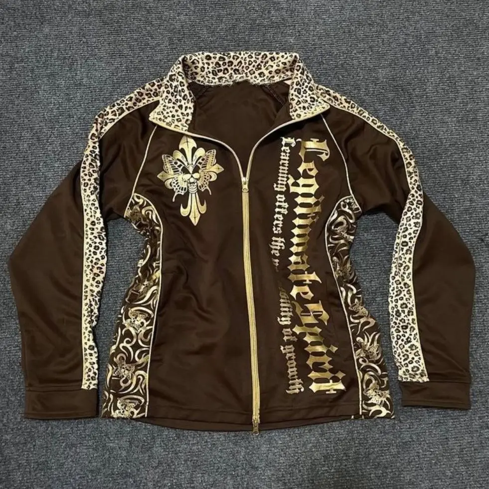 Subculture retro punk rock Shibuya Harajuku babes leopard print zip sweater jacket vintage autumn