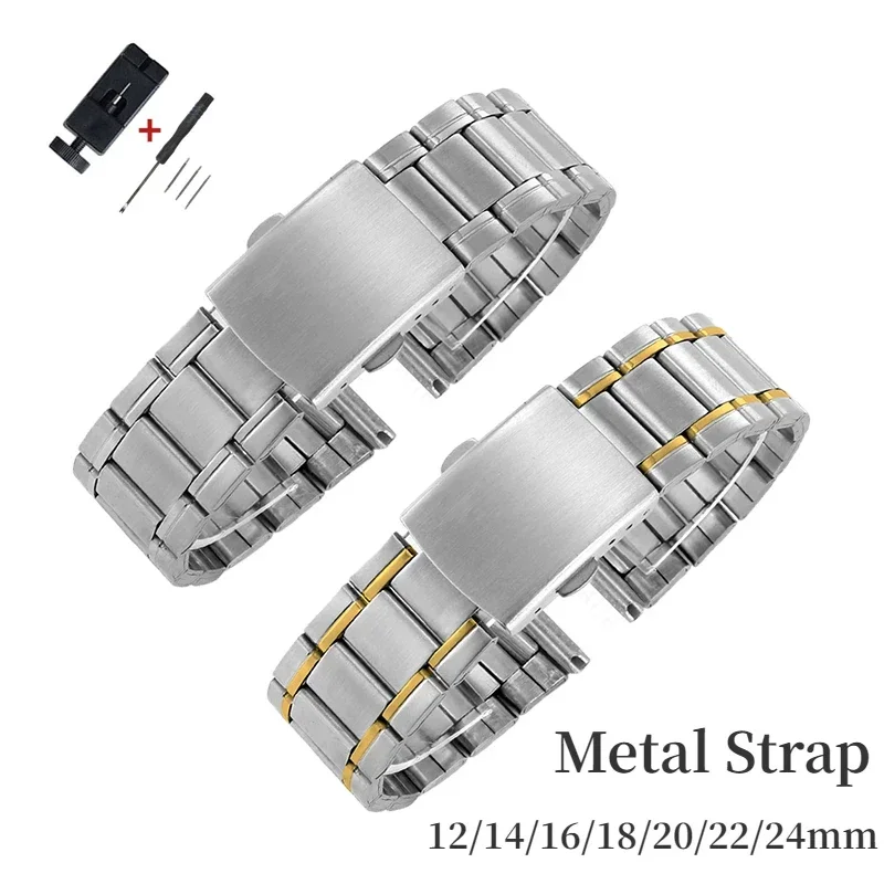 12/14/16/18/20/22/24mm Metal Strap Stainless Steel Links Watch Bands Folding Clasp Universal Bracelet for Men Replacement Band