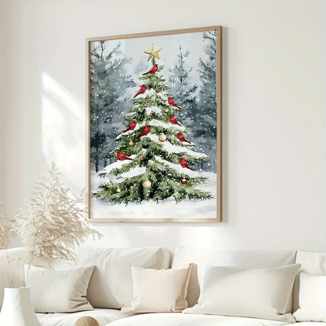 Kerstboom en kardinaal canvas kunstprint lichtbestendig woondecoratie geschikt voor woonkamer slaapkamer kantoor vakantiecadeau