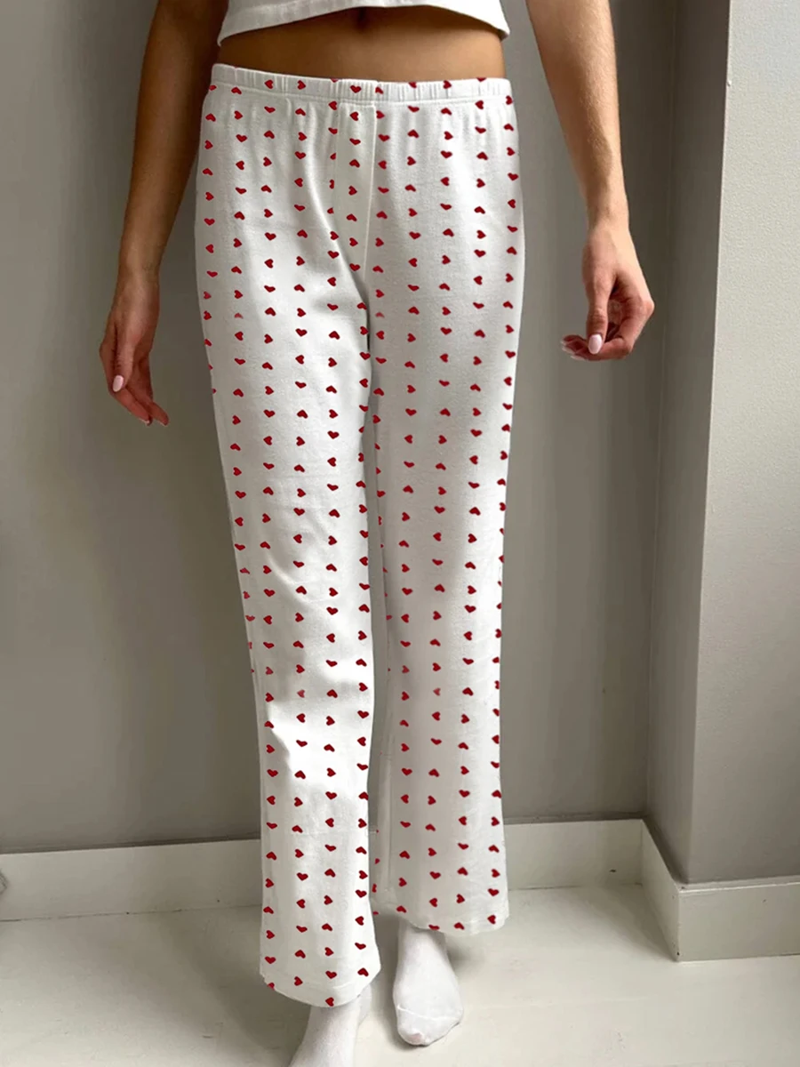 Cutecore Bears Eyelet Long Pant Woman Y2k Clothes High Waist Elastic Cute Pajama Pants Girls 2000s Vintage Straight Trousers