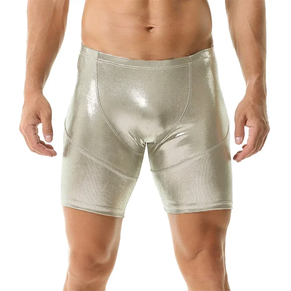 

Men's Metallic Shiny Sexy Tight Stretchy Solid Shorts Male Nightclub Stage Dance Party Short Pants Fashion Slim Fit Long Trunks