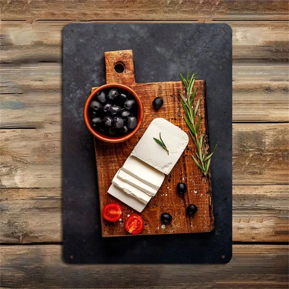 Letrero de hojalata para queso y aceitunas, decoración de comida Gourmet para cocina/comedor, arte de pared de Metal, 8x12 pulgadas/20x30cm, 1 ud.