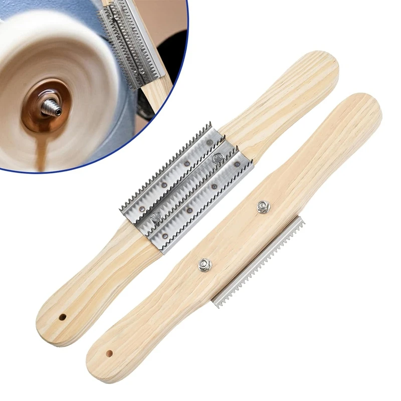 Rastrillo de rueda pulidora de 2 uds, mango de madera, 4 filas de dientes de Metal, herramienta de limpieza de rueda pulidora para eliminar compuestos residuales-AT64