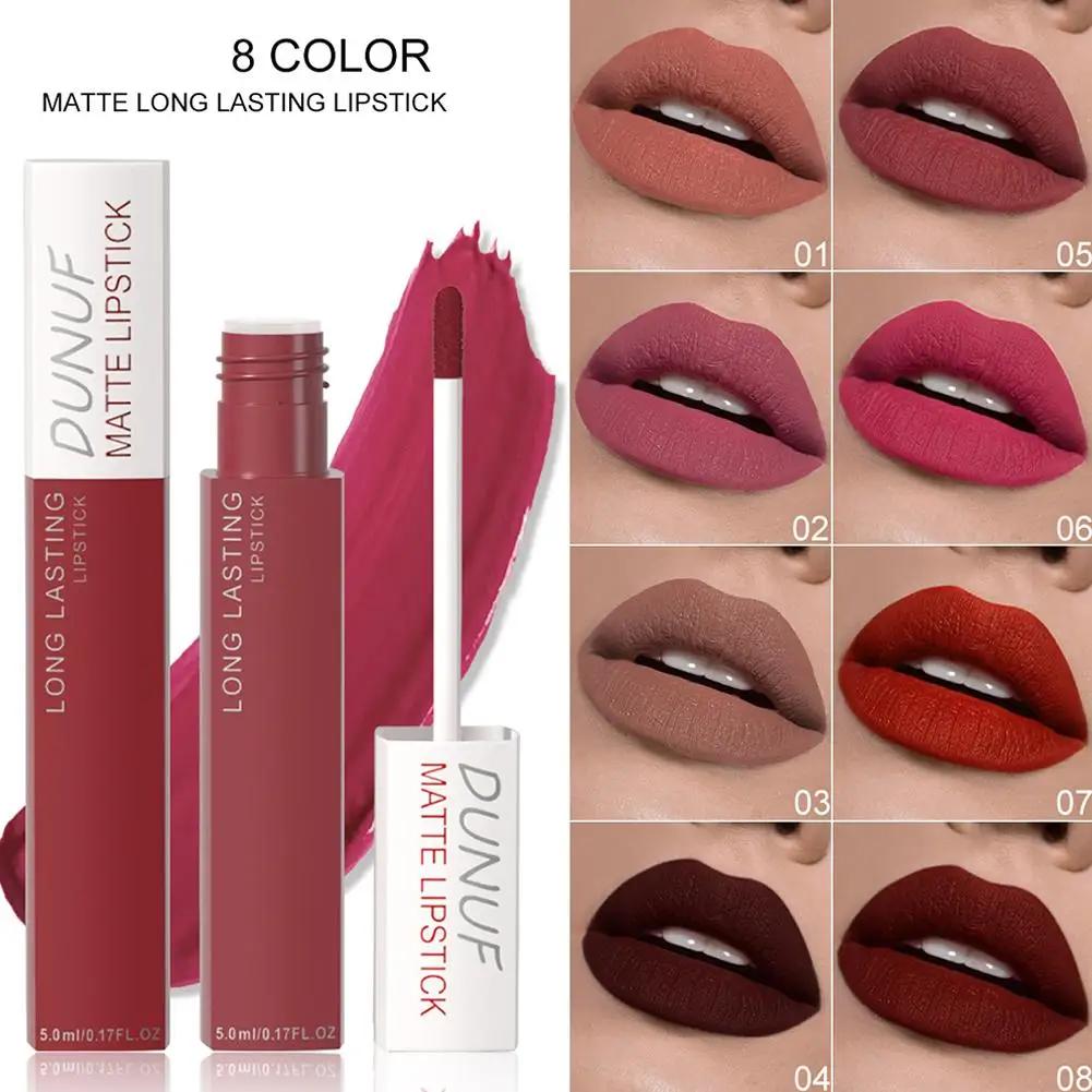 Lápiz labial con acabado mate Natural, resistente al agua y no es fácil de usar tazas de terciopelo de 8 colores, lápiz labial de larga duración en barra de brillo de labios, B4E4