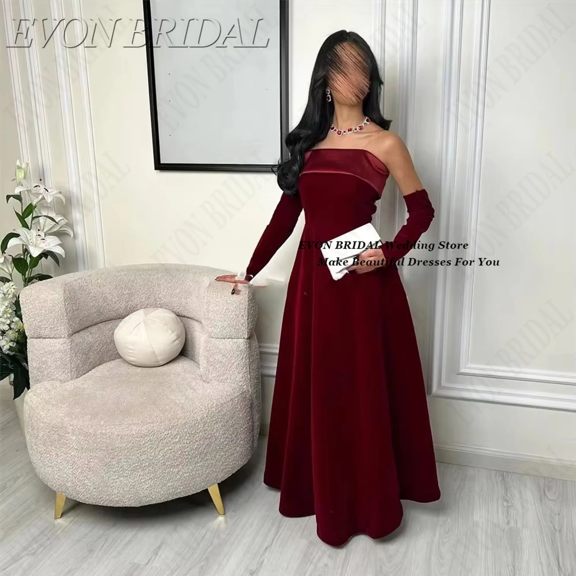 

Burgundy Bridesmaid Party Dress Sexy Strapless Red Carpet Celebrity Dresses Arabia Fashion Evening Gown EVON BRIDAL Customized