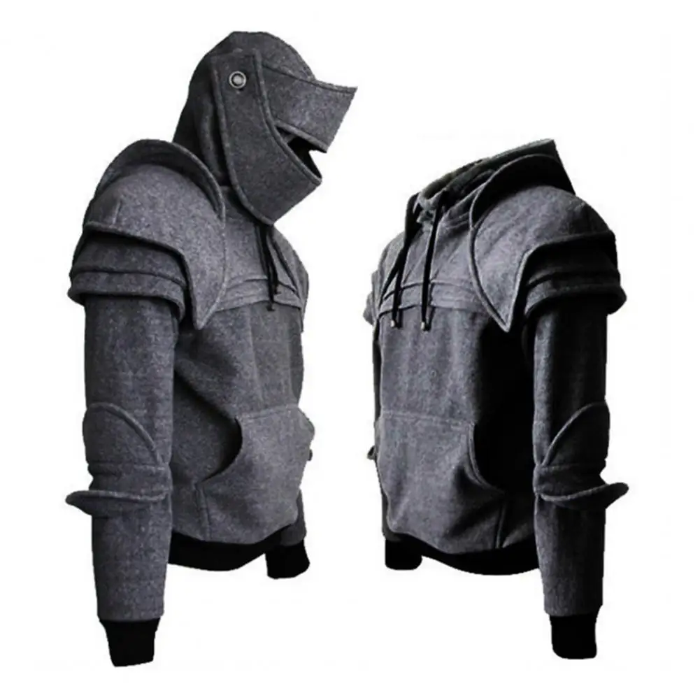 Solid Color Hoodie Costume Hoodie for Men with Drawstring Patch Pocket Elastic Cuff Halloween Knight Hoodie with Long Sleeves