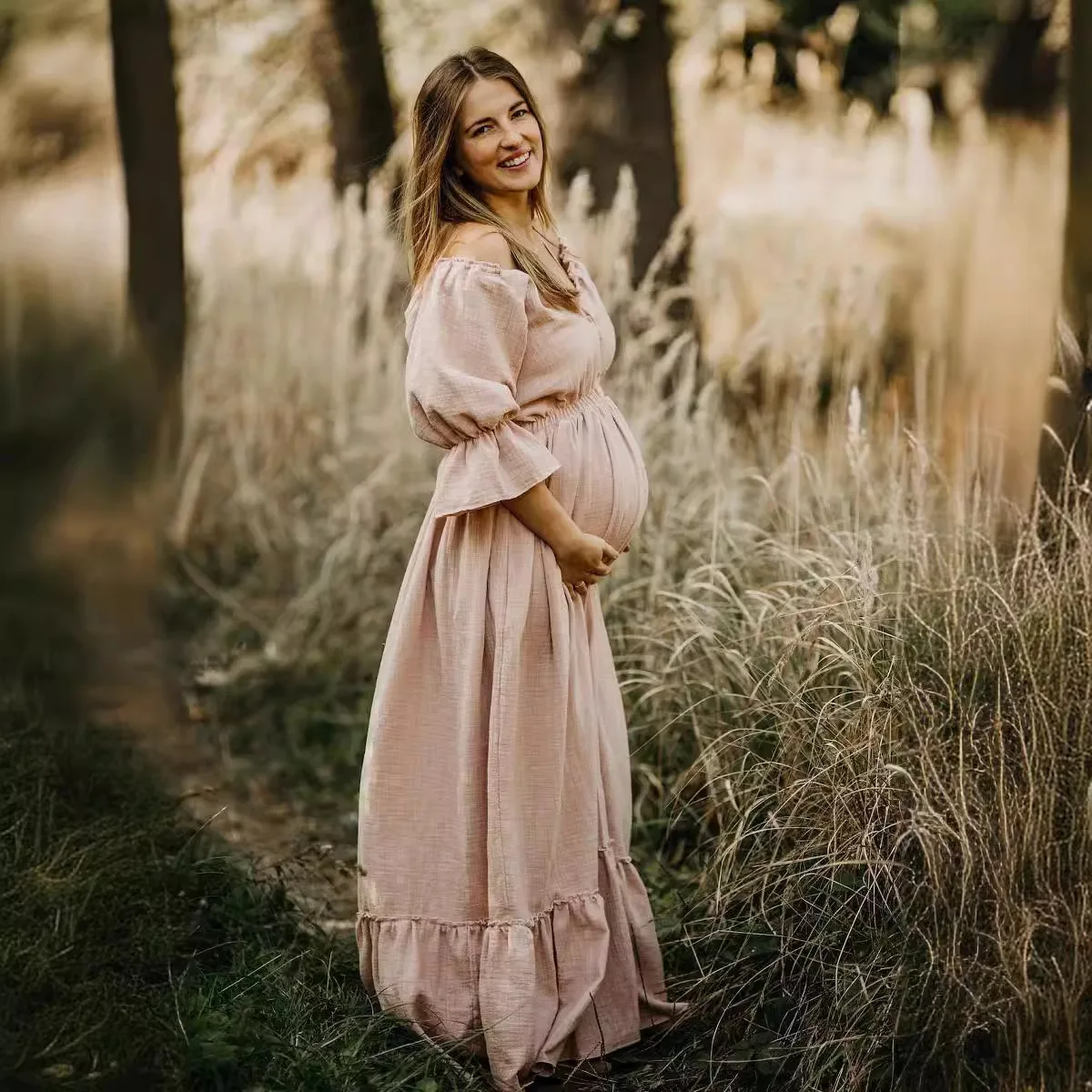 European & American Pregnant Women's Button-Detail Puff-Sleeve Maternity Maxi Dress with Train for Photography Photoshoot
