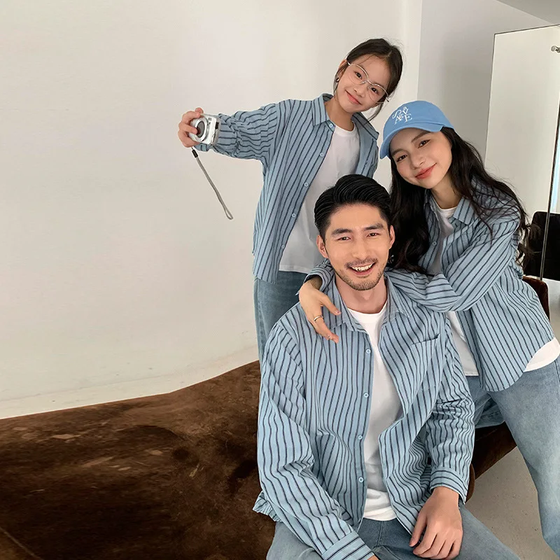 2025 Autumn Family Matching Striped Shirt Set Mother & Daughter Father & Son Long Sleeve Cotton Shirts Outfits 2-4 People Tops