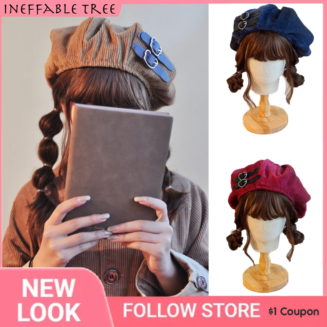 

Y2K Harajuku Corduroy Beret Hats Women Girl's Vintage Artist Painter Hat Winter Autumn Bear Buckle Octagonal Cap Adjust