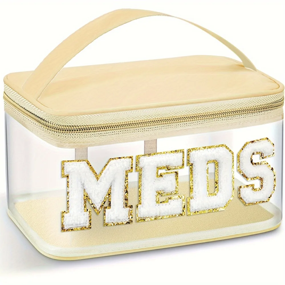 

Waterproof Embroidery Cosmetic Bag Letter Patches Large Capacity Medicine Storage Bag with Handle PVC Travel Makeup Bags Outdoor