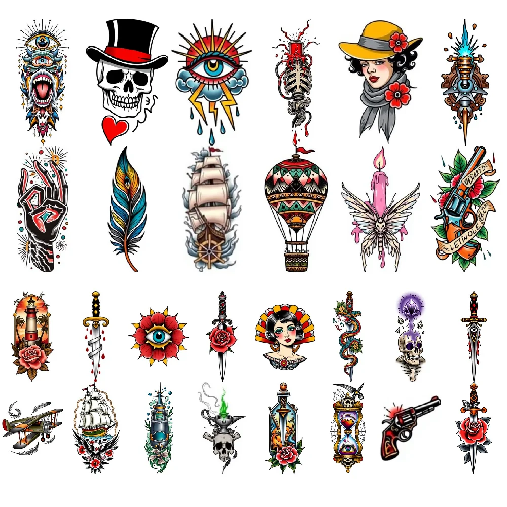 

28pcs Temporary Tattoo Winged Woman Waterproof Long-lasting Body Stickers Pistol Snake And Dagger New School Traditional For