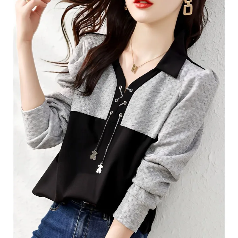 Autumn Fashion Trend Design Sense Splicing Contrasting Color Tie Up Long Sleeved Shirt Loose and Versatile Western-style Top