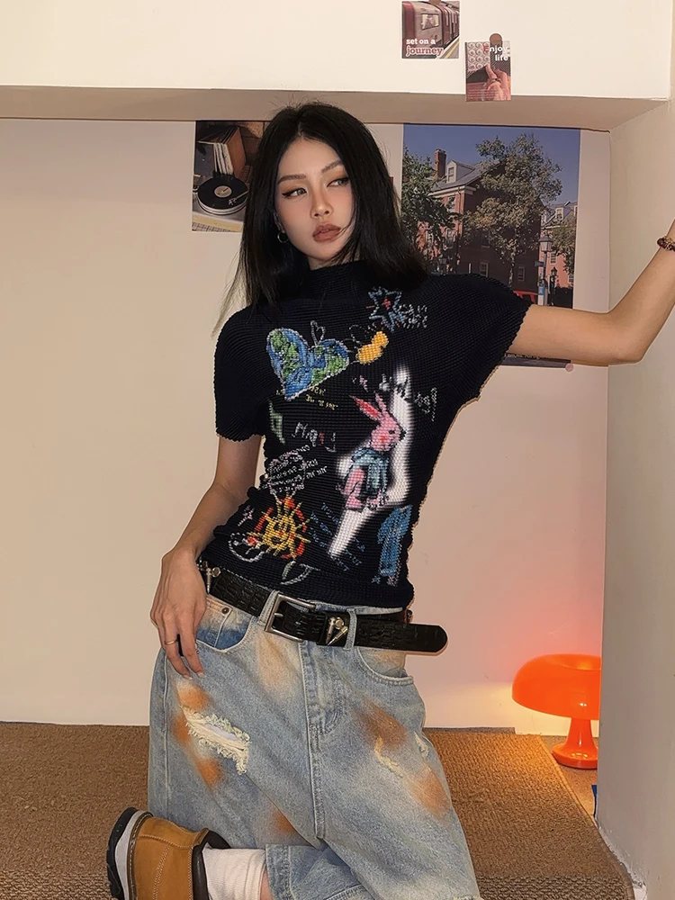 

Женская футболка DoubleD Fun Print с плиссировкой и коротким рукавом, высокоэластичная, утягивающая, летняя, уличный стиль, креативный дизайн