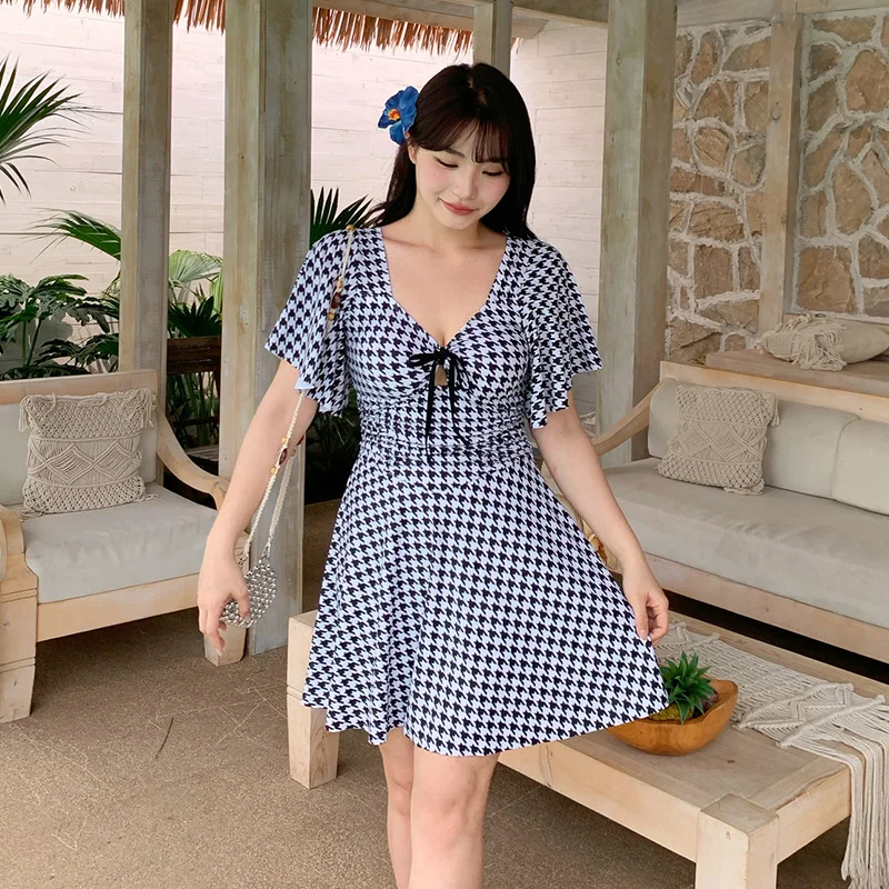 Plaid Tankini Sets One Piece Swim Dress Swimsuit Women Bathing Suits Plus Size Swimwear Boyshort Quick Dry Conservative Skirt