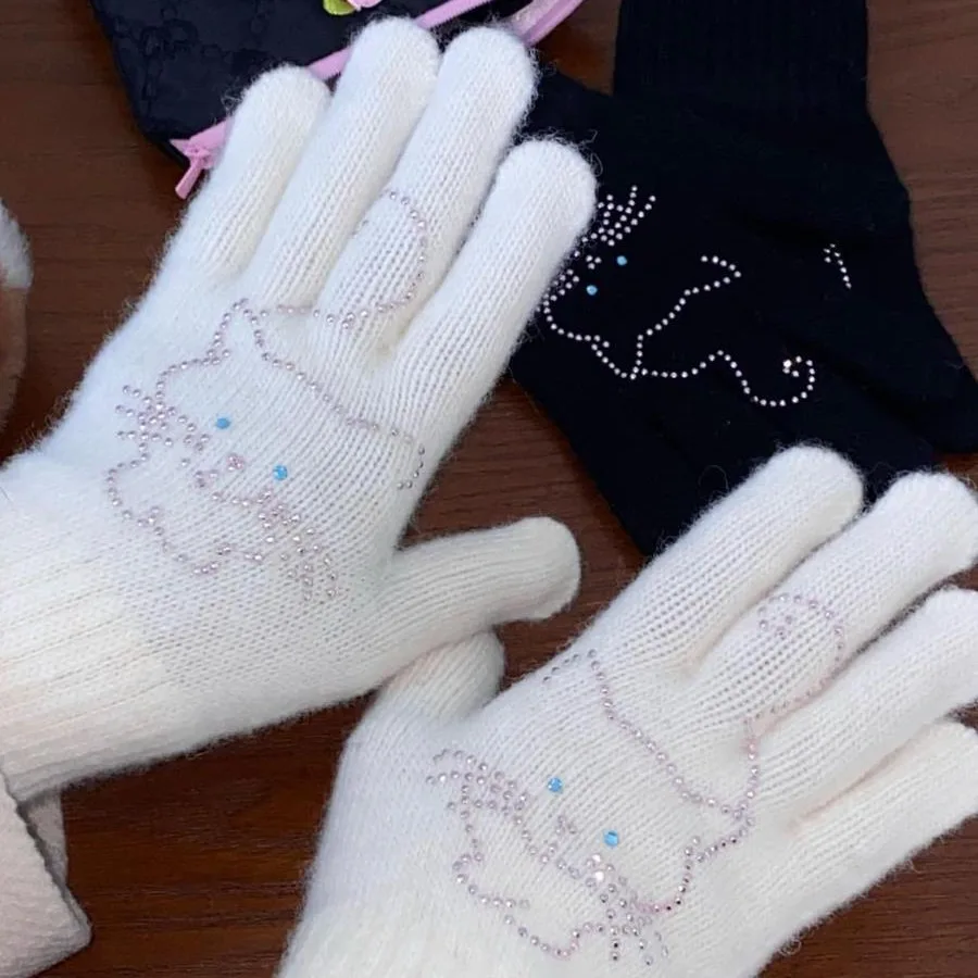 Cute Cat Rhinestone Knitted Split Finger Gloves Plush Rabbit Fur Winter Warm Mittens Kawaii Lolita Gloves JK Accessories