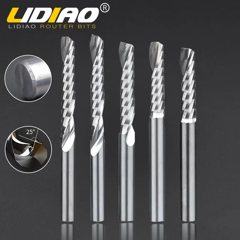 LIDIAO 3d Cnc Router Bit Engraving Cut 3.175 /4/6 Shank One Single Flute Spiral Carbide Milling Cutte Acrylic PVC Wood MDF