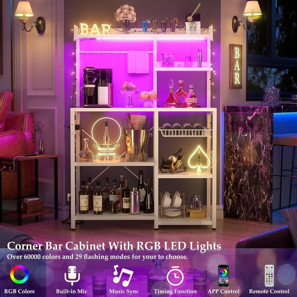 Bakers Rack with Power Outlet and LED Light Strings, Microwave Oven Stand Kitchen Storage Shelf with Wire Basket