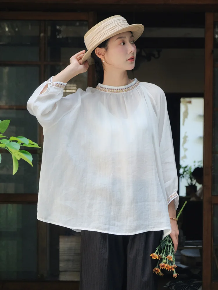

Artistic Embroidered Flax irt Loose Fit Overhead oulder Sve Women's Early Autumn Blouse Commute Sle Pure Color irt