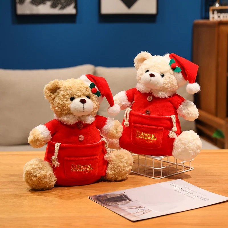 32cm Pluszowa Torba do Przechowywania w Kształcie Misia, Zabawka Pluszowa, Poduszka Świętego Mikołaja, Miękka Wypchana Maskotka, Uroczy Pluszak Festiwalowy, Prezent Świąteczny, Dekoracja Domu na Boże Narodzenie