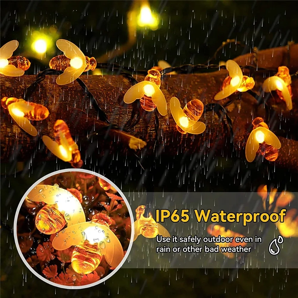 Solar String Lights 100 LEDs Honeybee Lights 8 Modes Garden Lights Solar Outdoor Lights Waterproof for Garden Decoration Outdoor