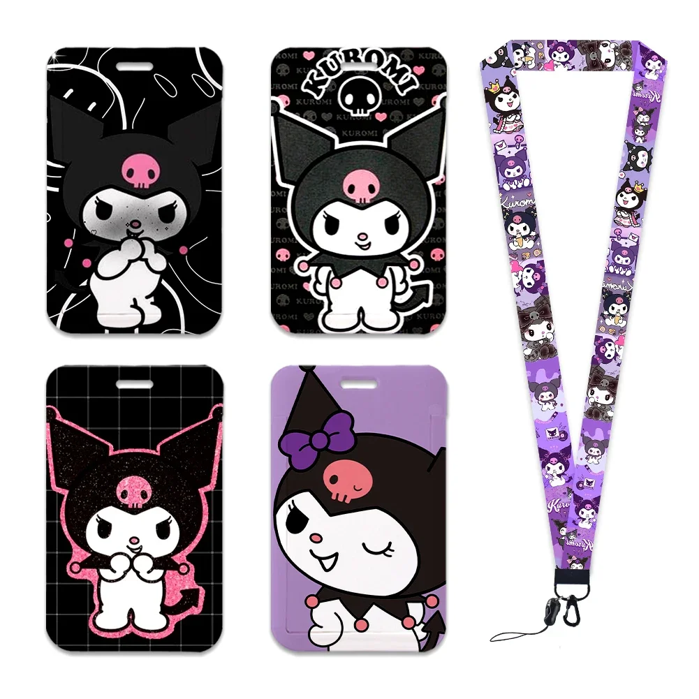 Sanrio kuromi porta-cartões de identificação, cordão para porta de meninas, corda suspensa, porta-crachá, alça de pescoço, cartão de visita, pequeno presente