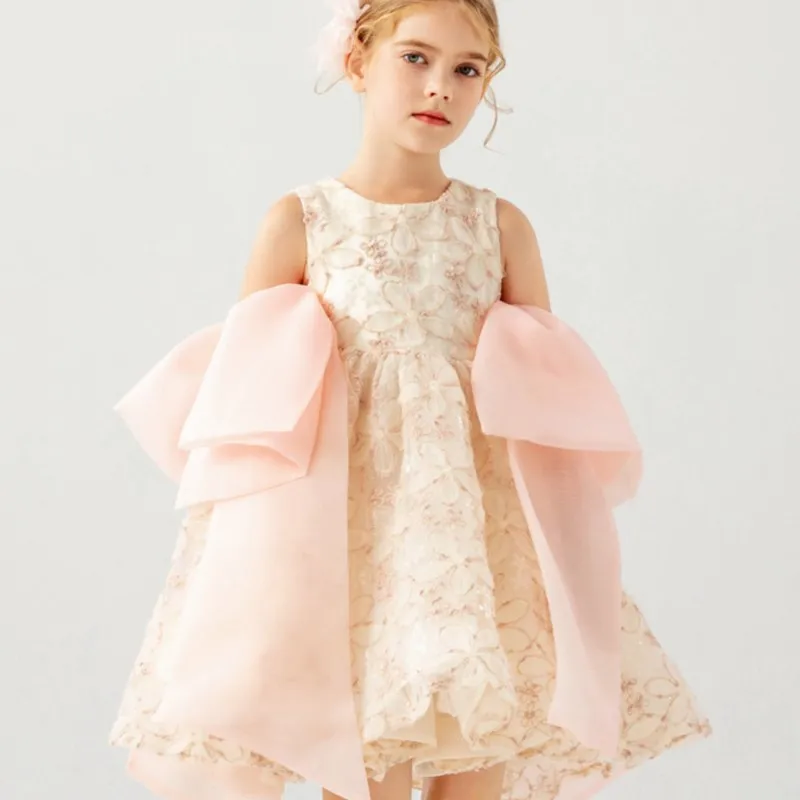 

Children's patchwork bow print ALine dress princess dress summer new sleeveless lace A-line version for girls