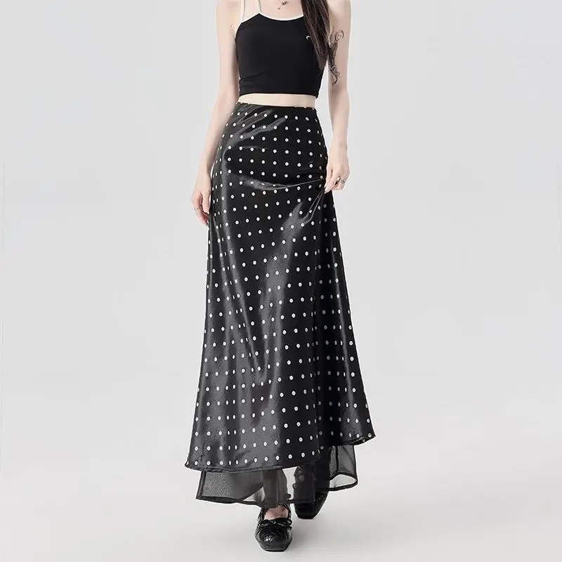 

Французская атласная юбка в горошек, новинка весна-лето 2026, с сетчатыми вставками, А-силуэт, юбка-карандаш