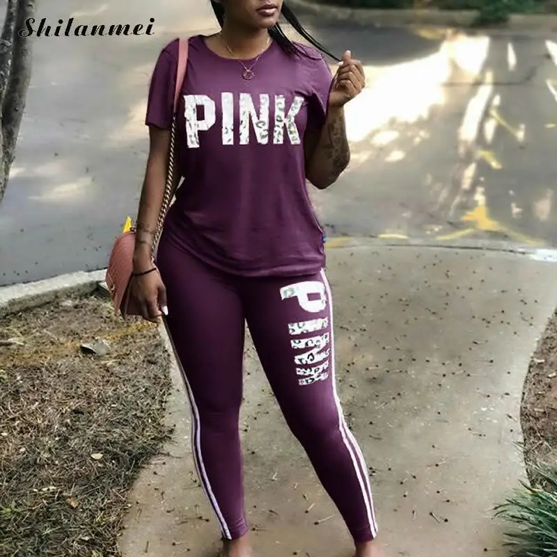 2022 New PINK Letter Print Sweatsuit Women Suit Short Sleeve Tops Skinny Pant Two Piece Tracksuit Summer Casual 2 PCS Set