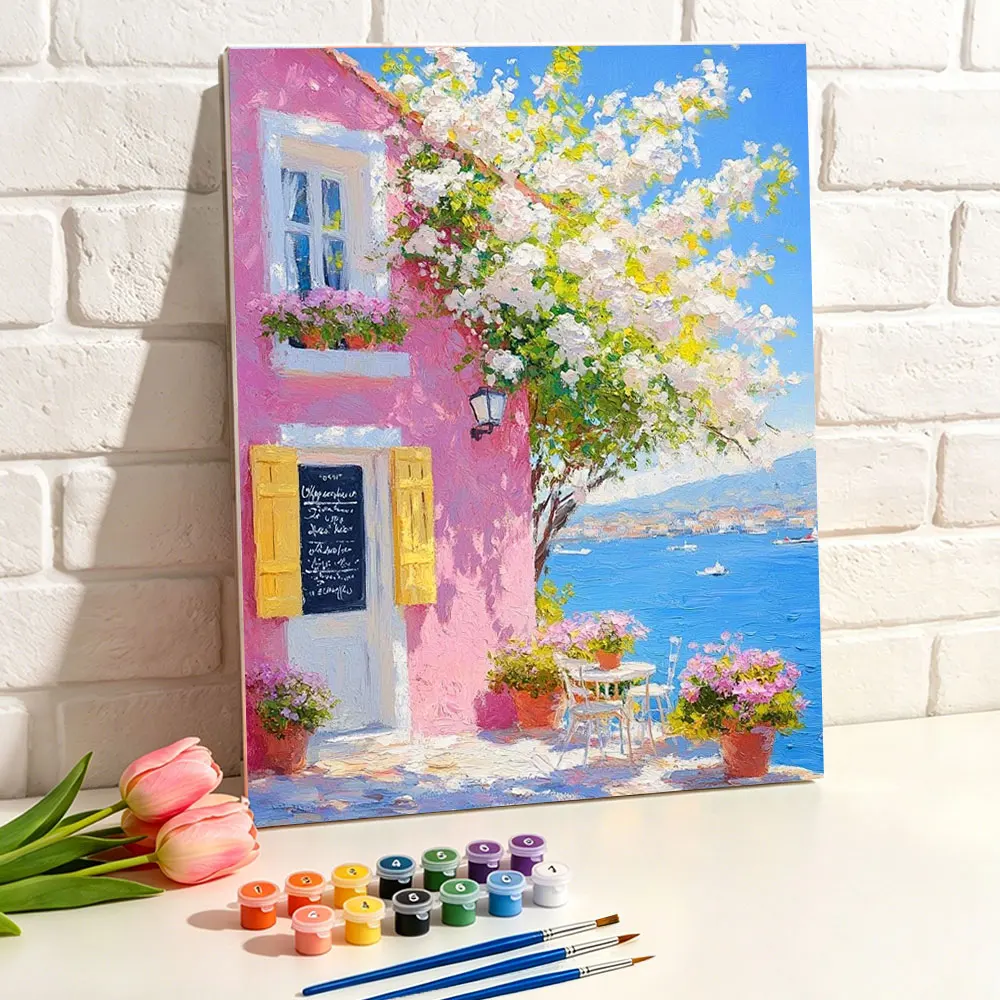 

New Arrivals 2026 Painting by Number Kits Pink Mediterranean House Artwork DIY Landscape Oil Drawing Home Decoration Wall Decor