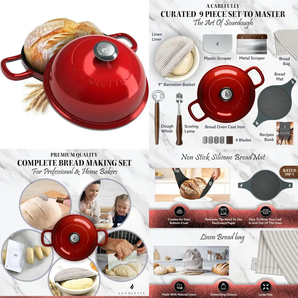 

Полный набор для выпечки хлеба из 9 предметов с 10-дюймовой эмалированной чугунной формой для хлеба и крышкой | Идеально подходит для доступа к домашним хлебу и выпечке.