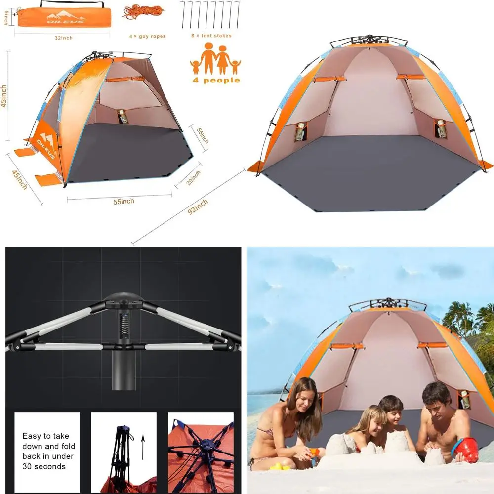 

Portable 4-Person Beach Tent with UV Protection, Carry Bag, Stakes, Sand Pockets, Waterproof, Orange