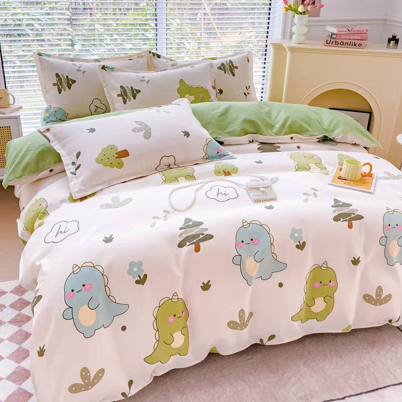 Cartoon Dinosaur Duvet Cover Lovely Dino Animal Plant Bedding Set Soft Microfiber Comforter Cover Kids Bedroom Green Quilt Cover