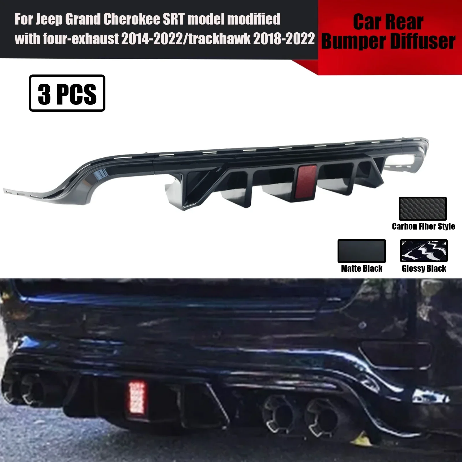 For Jeep Grand Cherokee SRT Model Modified With Four-Exhaust 2014-2022/Trackhawk 2018-20223PCS Rear Bumper Diffuser With LED