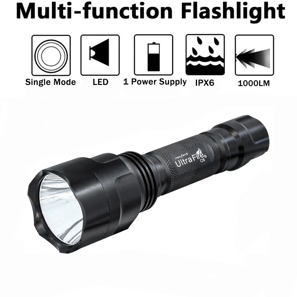 UltraFire C8 Army Tactical Flashlight 1/5 Modes 1000 Lumens Powerful Rechargeable 18650 LED Torch Light Military Police Lantern