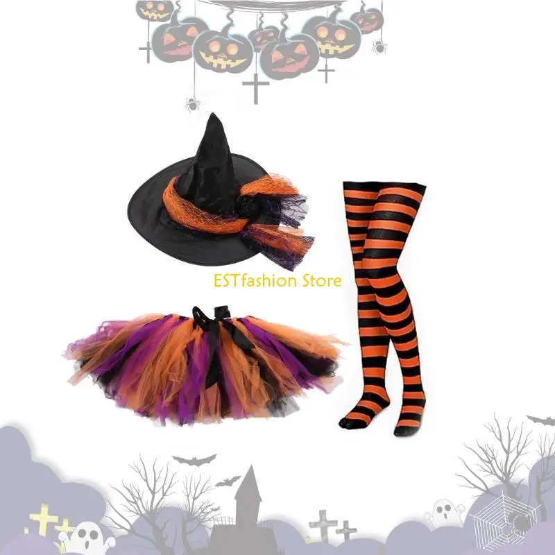 

Y5GC Halloween Witch Costume Pointed Wizard Hat Striped Over the Knee Stockings Tutu Skirts Set for Christmas Cosplay Party