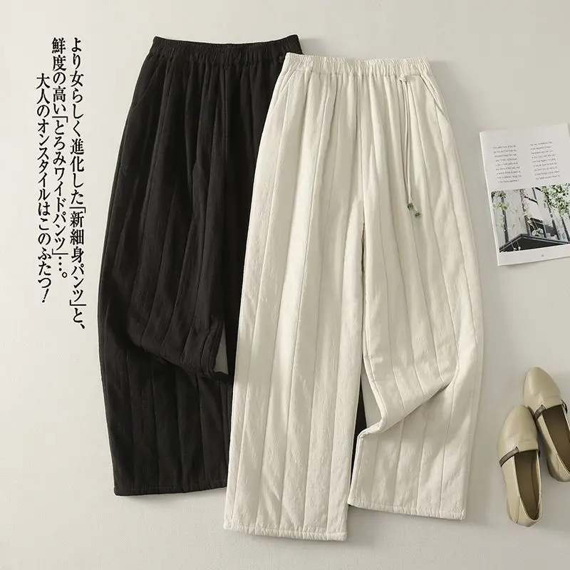 Women's Winter Outerwear Thick Linen And Cotton Pants, Artistic Simple Striped Warm Casual Straight Leg Trousers w1479