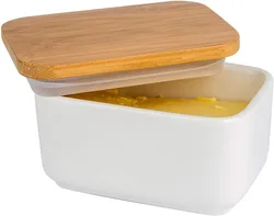 Porcelain Butter Dish with Lid Ceramic Butter Dish with Bamboo Lip for Countertop Resistant Heat Kitchen Butter Storage Dish