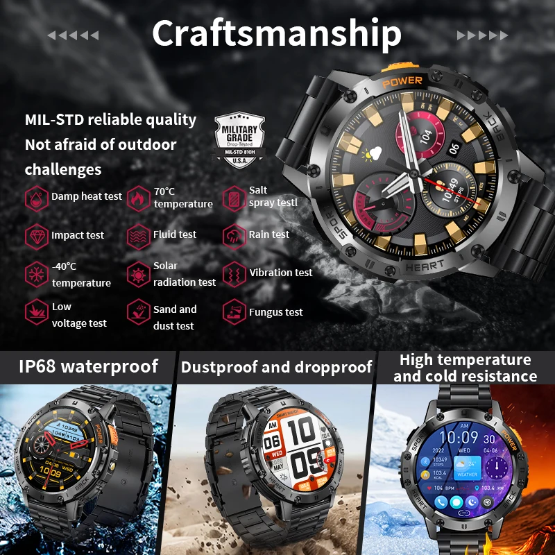 LIGE New Smart Watch Men Military Outdoor Sport AMOLED HD Screen Flashlight IP68 Waterproof Watch Bluetooth Call Men Smartwatch