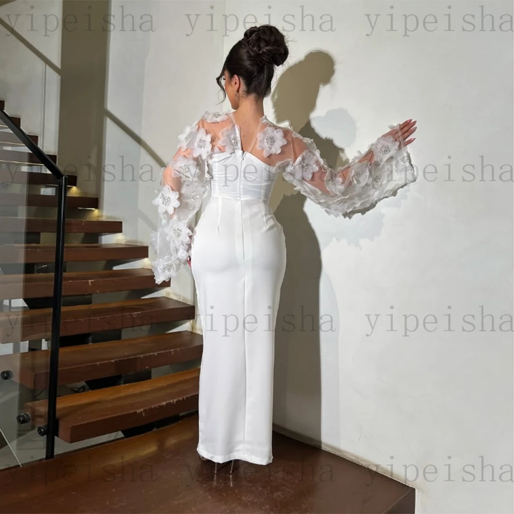 カスタマイズされた V ネックイブニングドレス 3D 花ビーズスパンコールレースアップリケフルスリーブウエディングドレス足首までの長さのパーティードレス