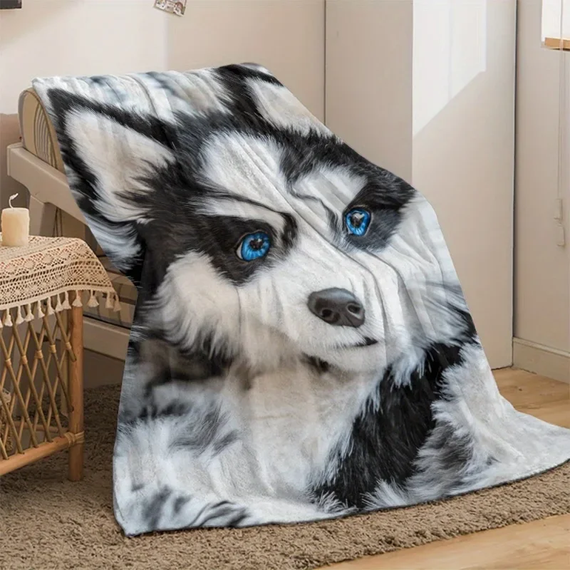 Cute Blue Eyes Husky Dog Face Throw Blanket Cozy Pet Lover Gift for Couch Decor 150x200cm 150x230cm