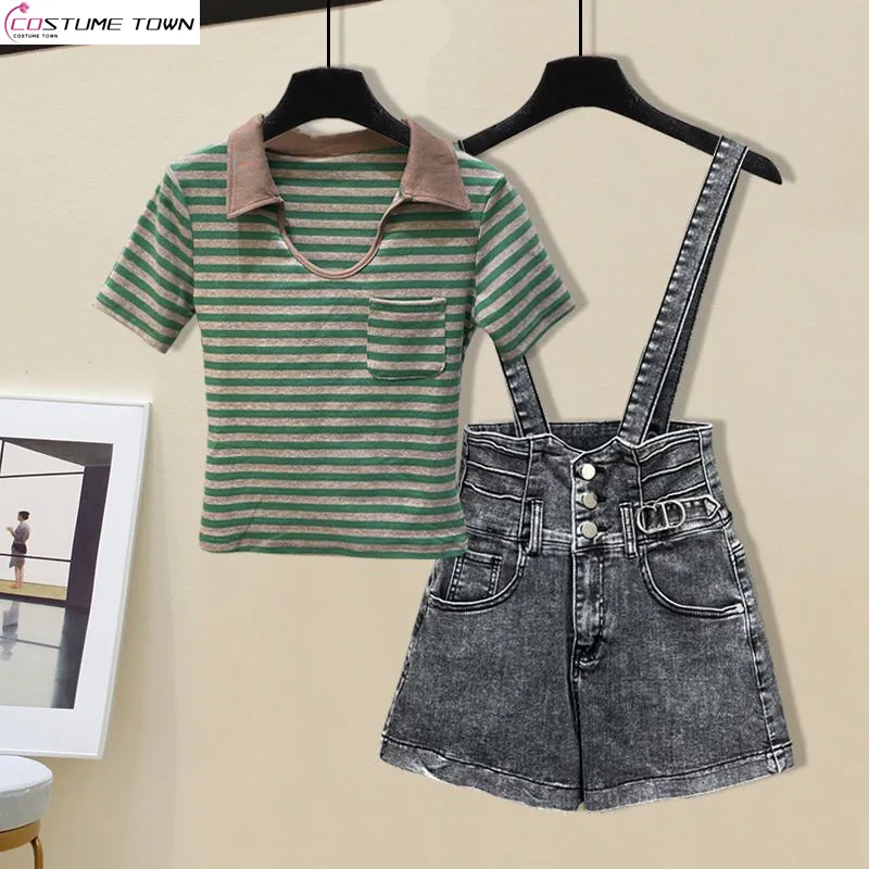 Large Size Women's Summer Set 2024 New Short Sleeved T-shirt Slimming Denim Shoulder Strap Shorts Two-piece Set