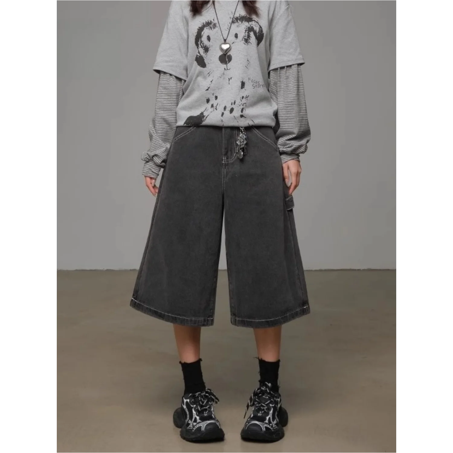 American Retro Waed Gamba larga Denim orts Donna Estate Casual Vita alta Allentato Dimagrante Pantaloni a sette piedi Casual Sle