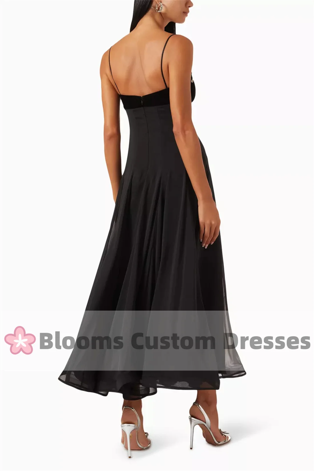 Blooms Spaghetti Straps Customized Prom Dress Shiny Rhinestone Velvet Formal Occasion Gown Chiffon Party Evening Dresses