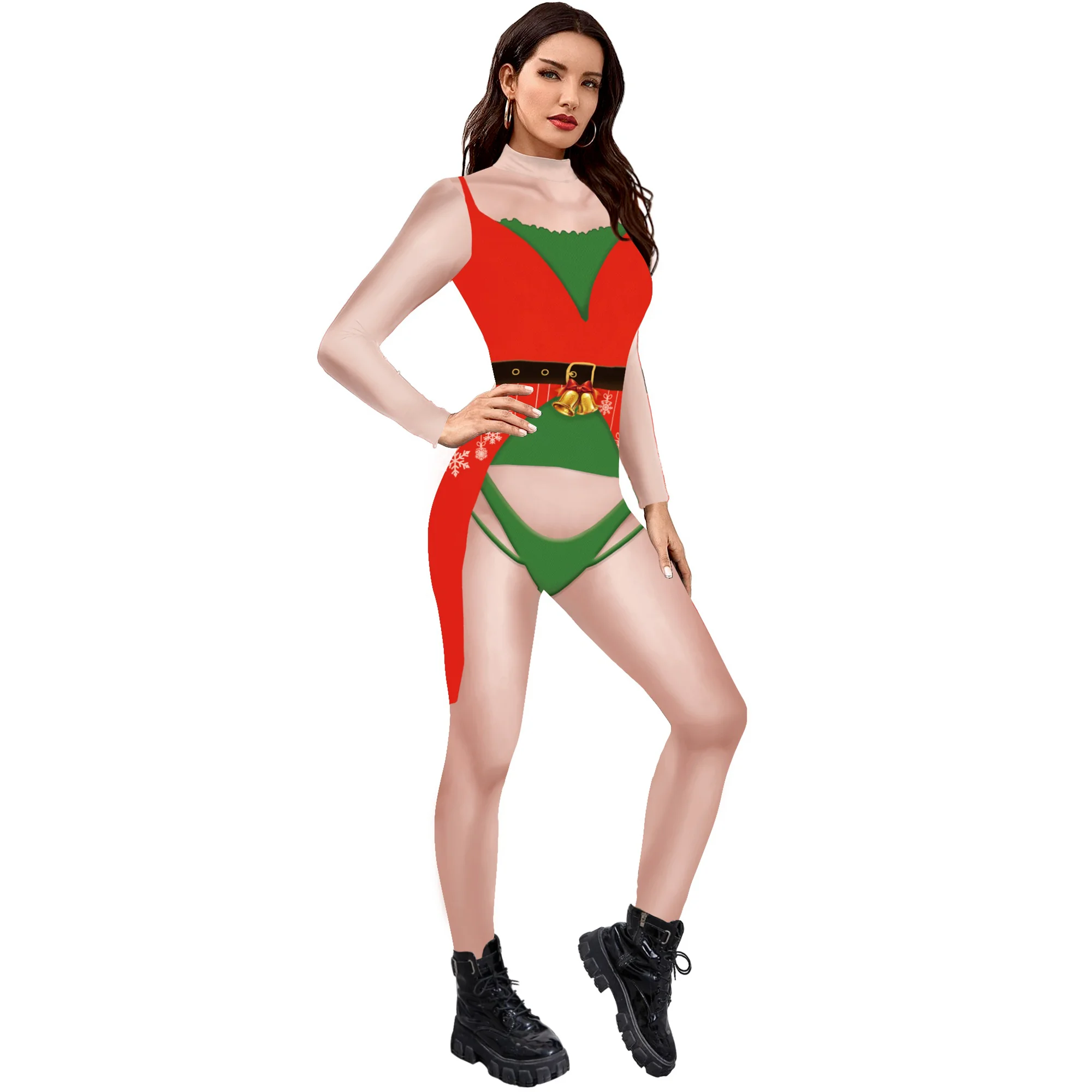 Zawaland Christmas Party Long Sleeve Skinny Jumpsuits Cosplay Costume Women Santa 3D Printed Catsuit Zentai Suit Bodysuits